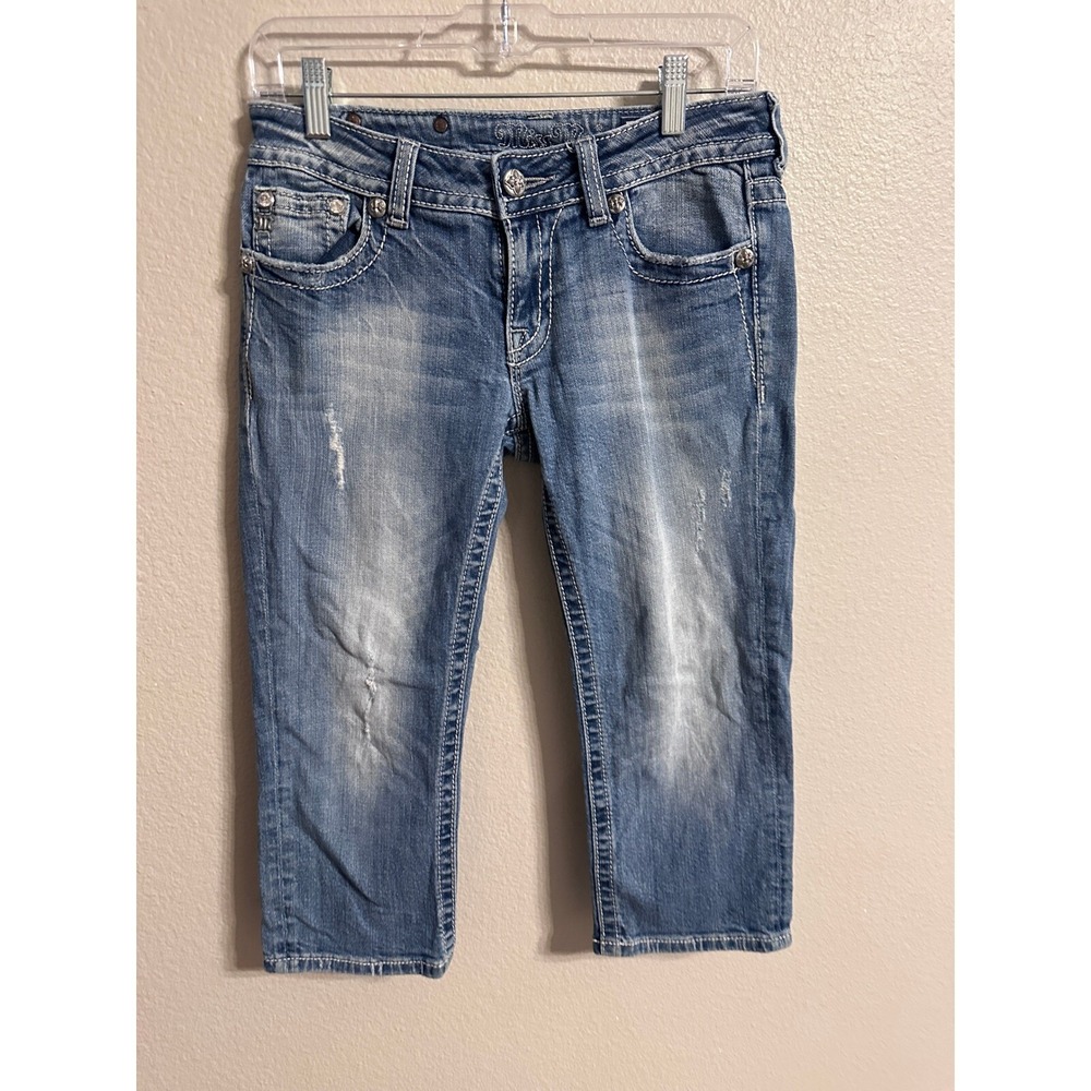 Miss Me Embellished Cropped Jeans Distressed Denim Rhinestone Size S